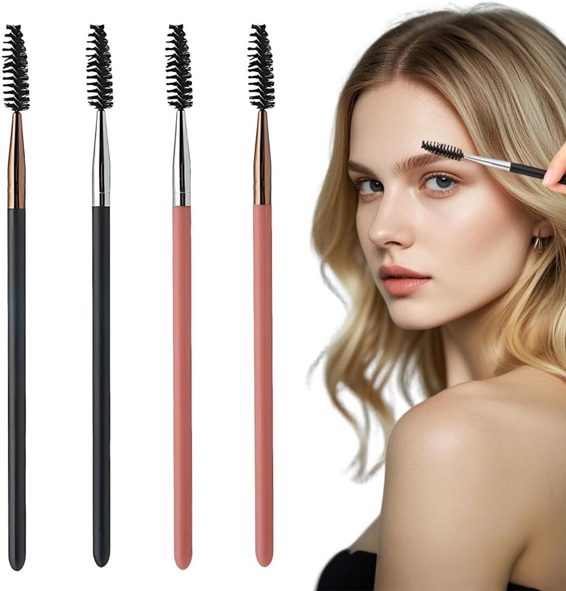 Set van 4 wenkbrauwborstels met wimperkam voor het vormen en verzorgen van wenkbrauwen en wimpers, essentieel hulpmiddel voor make-up en schoonheid.