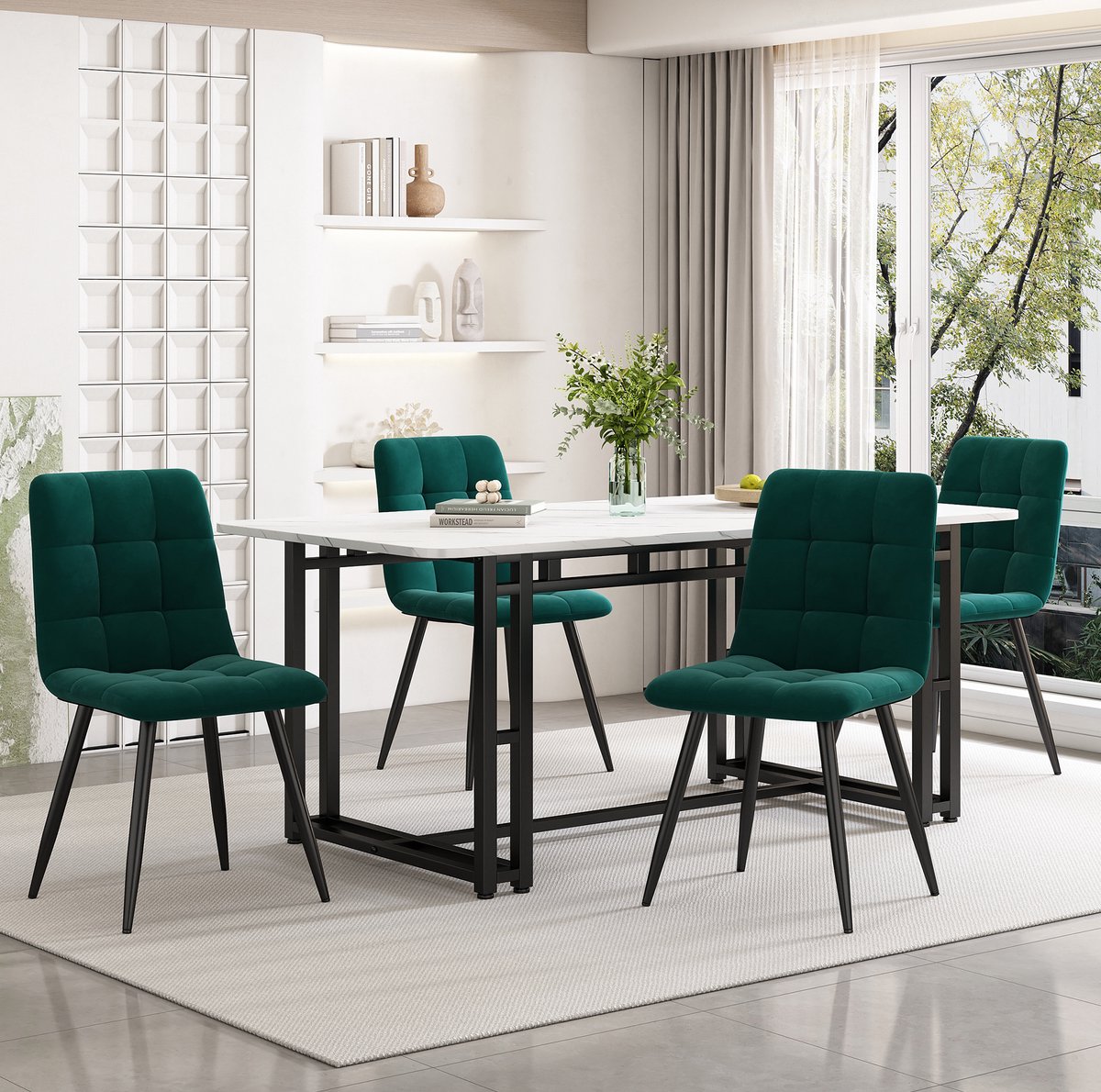 Wishdor Eettafelset - 1 tafel en 4 stoelen - Modern - Voor eetkamer woonkamer - MDF tafelblad met metalen poten - Groen - 140 x 80 cm