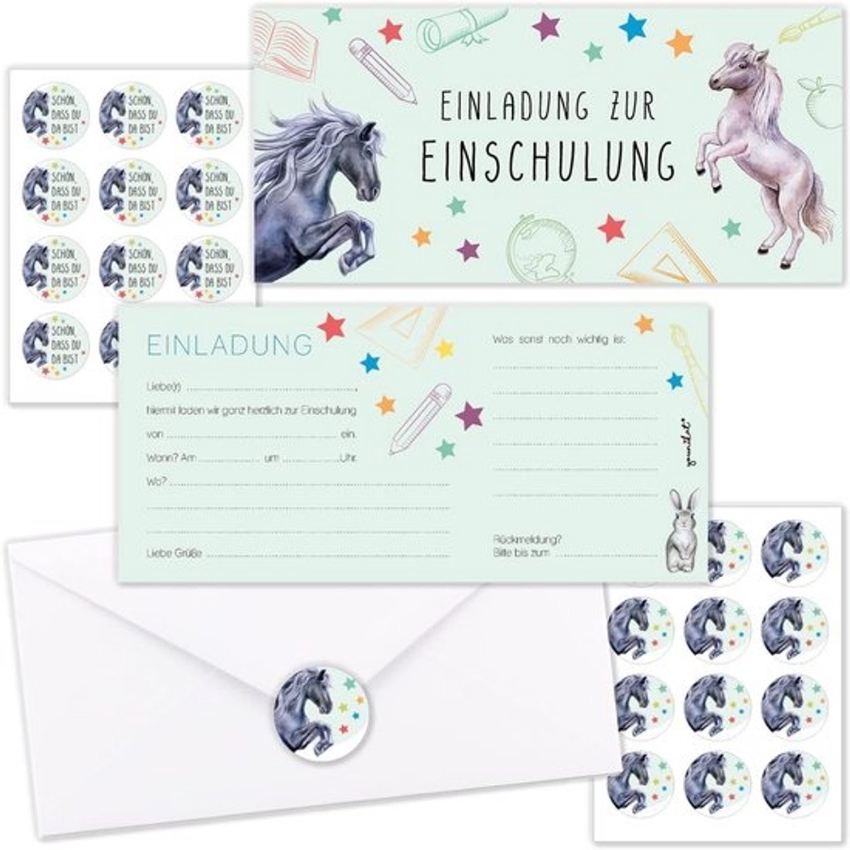 Uitnodigingen Eerste Schooldag - Kaartjes Set - Kinderfeestje Vieren - Inclusief Enveloppen Stickers - DIN Lang Formaat - Paarden Thema