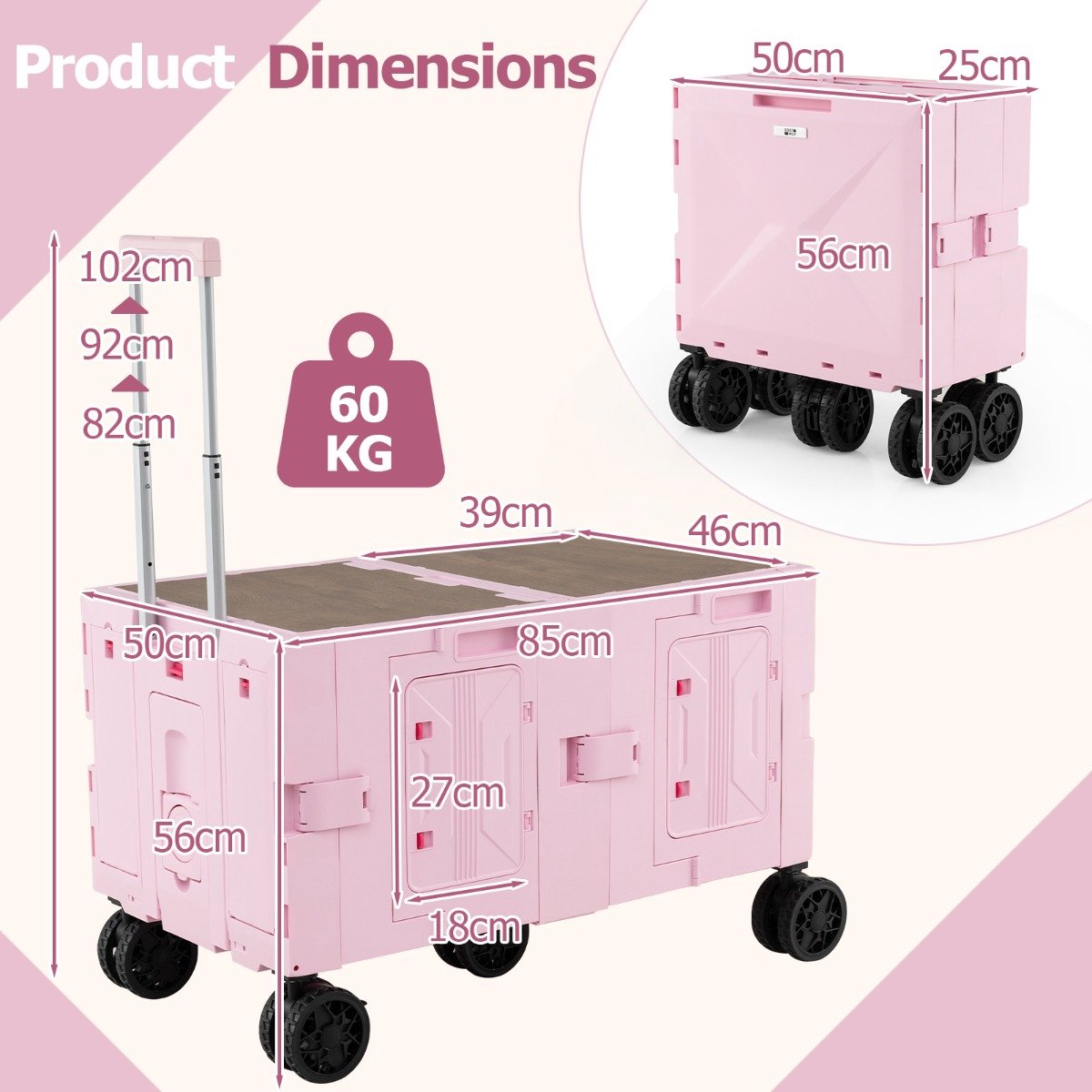 SureDeal® - Kamper - Vouwbare Bolderwagen Handwagen - Tafelblad - Kisten - Verstelbare Handgreep - Drinkhouders Roze - 85x50x56 cm - Roze