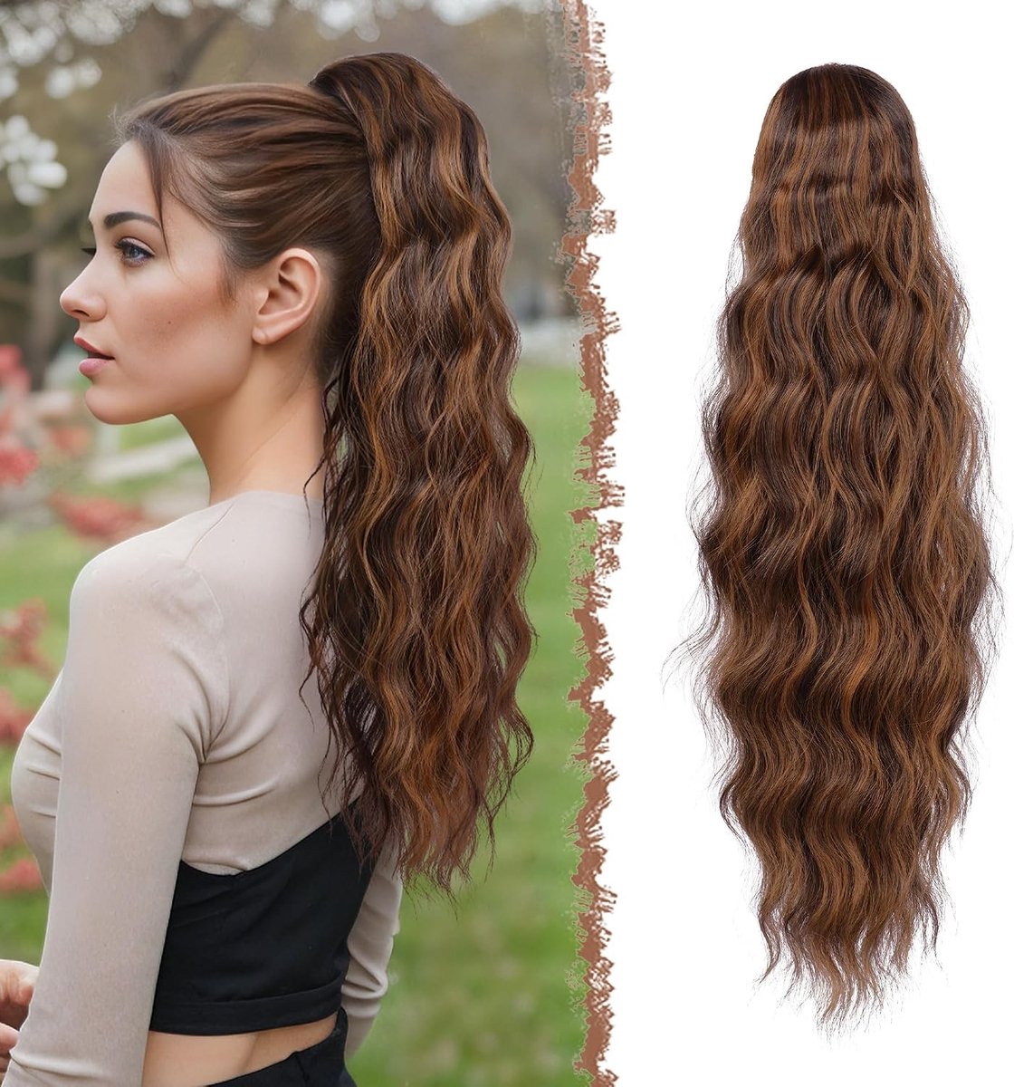 Lang Krullend Ponytail Haarstuk met Kam - 60cm Donkerbruin met Auburn Highlights - Haarextensions voor Vrouwen, Perfect voor Feestjes en Dagelijks Gebruik