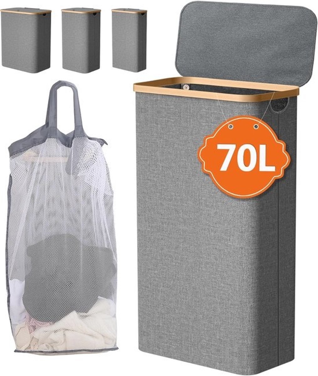 Wasmand met deksel - 70 Liter | Smalle Opvouwbare Wasbox met Bamboe Handvat | Ideaal voor Badkamer en Bijkeuken