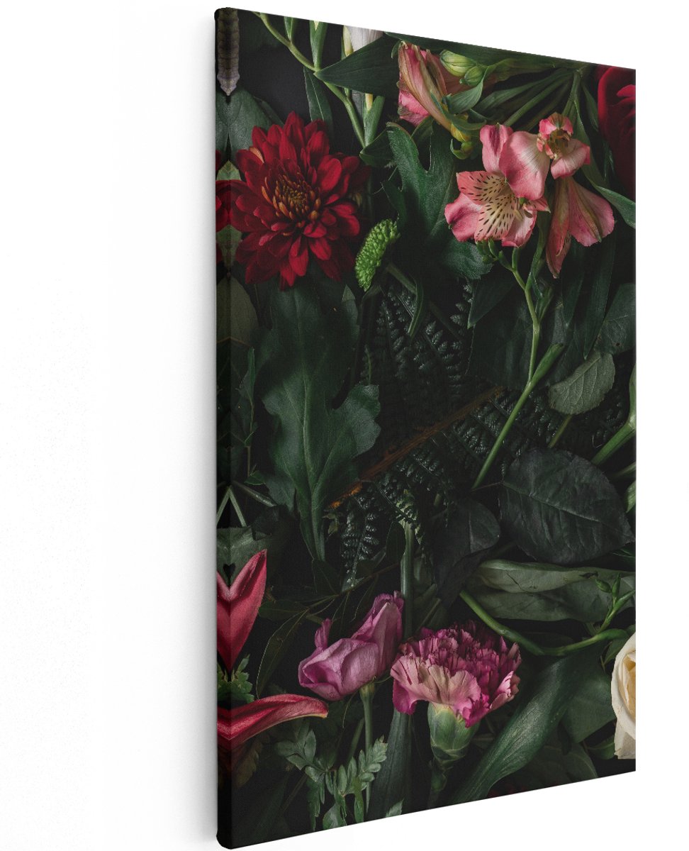 Artaza Canvas Schilderij Kleurrijke Bloemen Met Groene Bladeren - 120x180 cm - Groot - Wanddecoratie Woonkamer - Schilderijen - Muurdecoratie