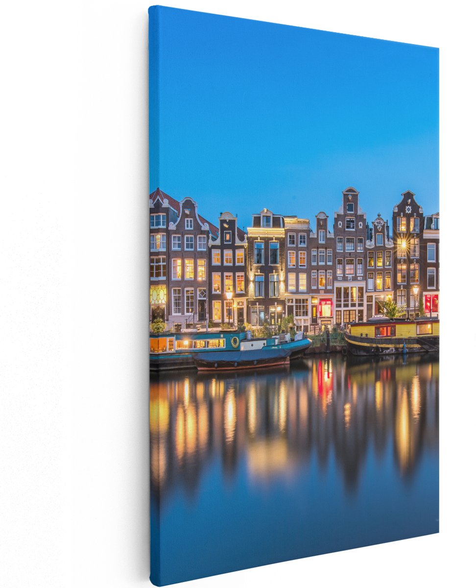 Artaza Canvas Schilderij Amsterdamse Huisjes In De Avond Met Lichten - 120x180 cm - Groot - Wanddecoratie Woonkamer - Schilderijen - Muurdecoratie