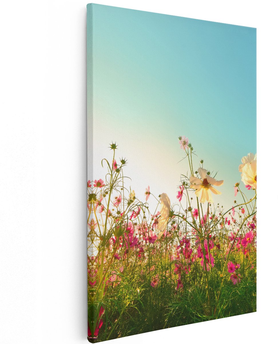 Artaza Canvas Schilderij Kosmos Bloemenveld Met Een Opkomende Zon - 120x180 cm - Groot - Wanddecoratie Woonkamer - Schilderijen - Muurdecoratie