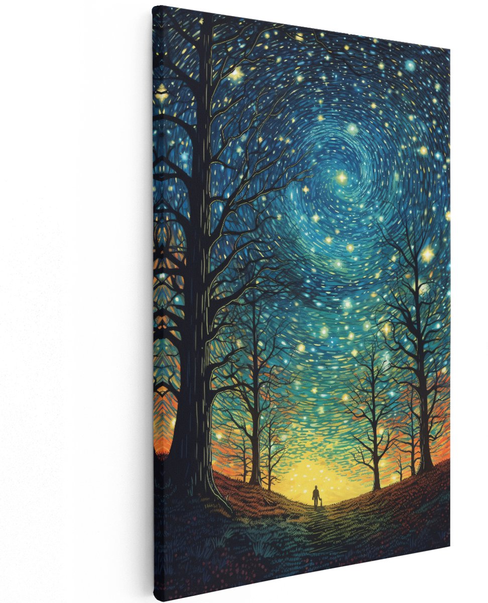 Artaza Canvas Schilderij Man in het Bos bij Sterrenhemel - 120x180 cm - Groot - Foto Op Canvas - Wanddecoratie Woonkamer