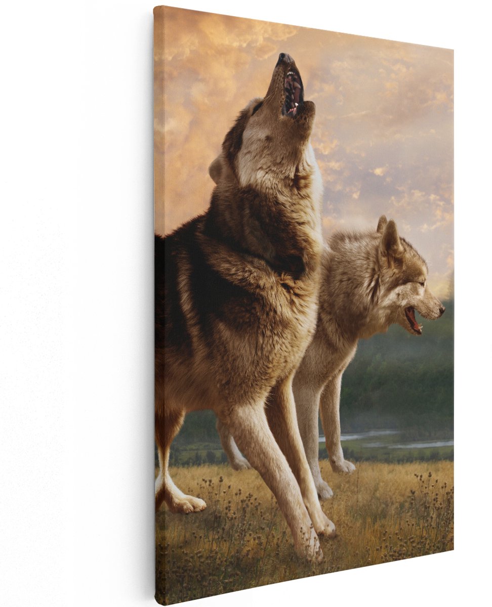 Artaza Canvas Schilderij Twee Wolven Op Het Gras - 120x180 cm - Groot - Wanddecoratie Woonkamer - Schilderijen - Muurdecoratie
