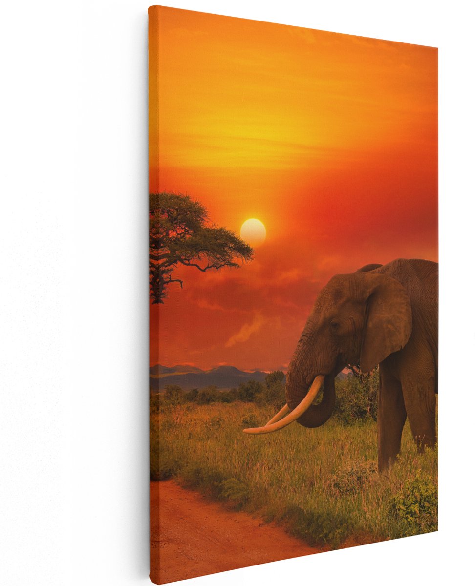 Artaza Canvas Schilderij Olifant In Het Wild Tijdens Zonsondergang - 120x180 cm - Groot - Wanddecoratie Woonkamer - Schilderijen - Muurdecoratie