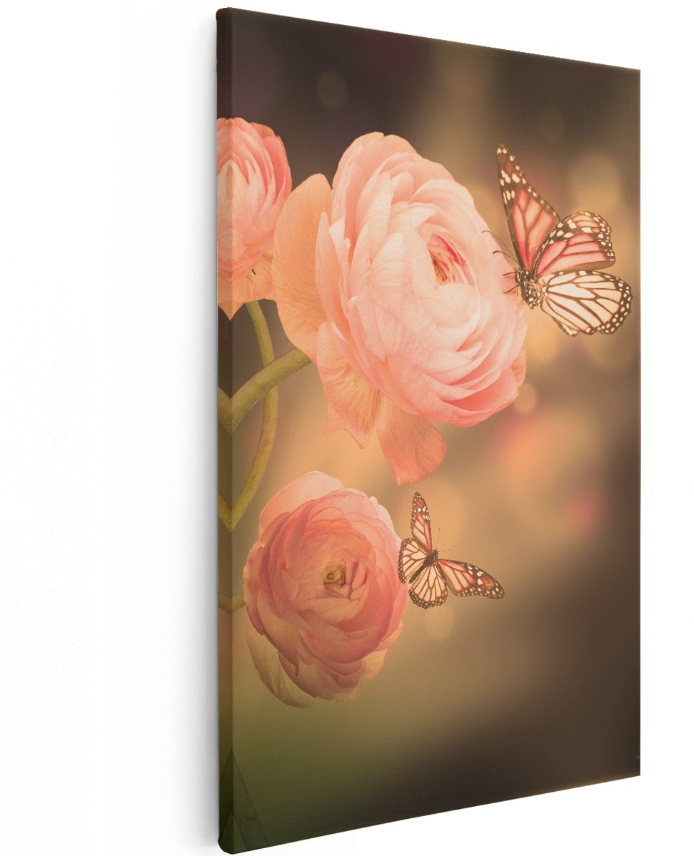 Artaza Canvas Schilderij Twee Roze Vlinders Bij Roze Rozen - 120x180 cm - Groot - Wanddecoratie Woonkamer - Schilderijen - Muurdecoratie