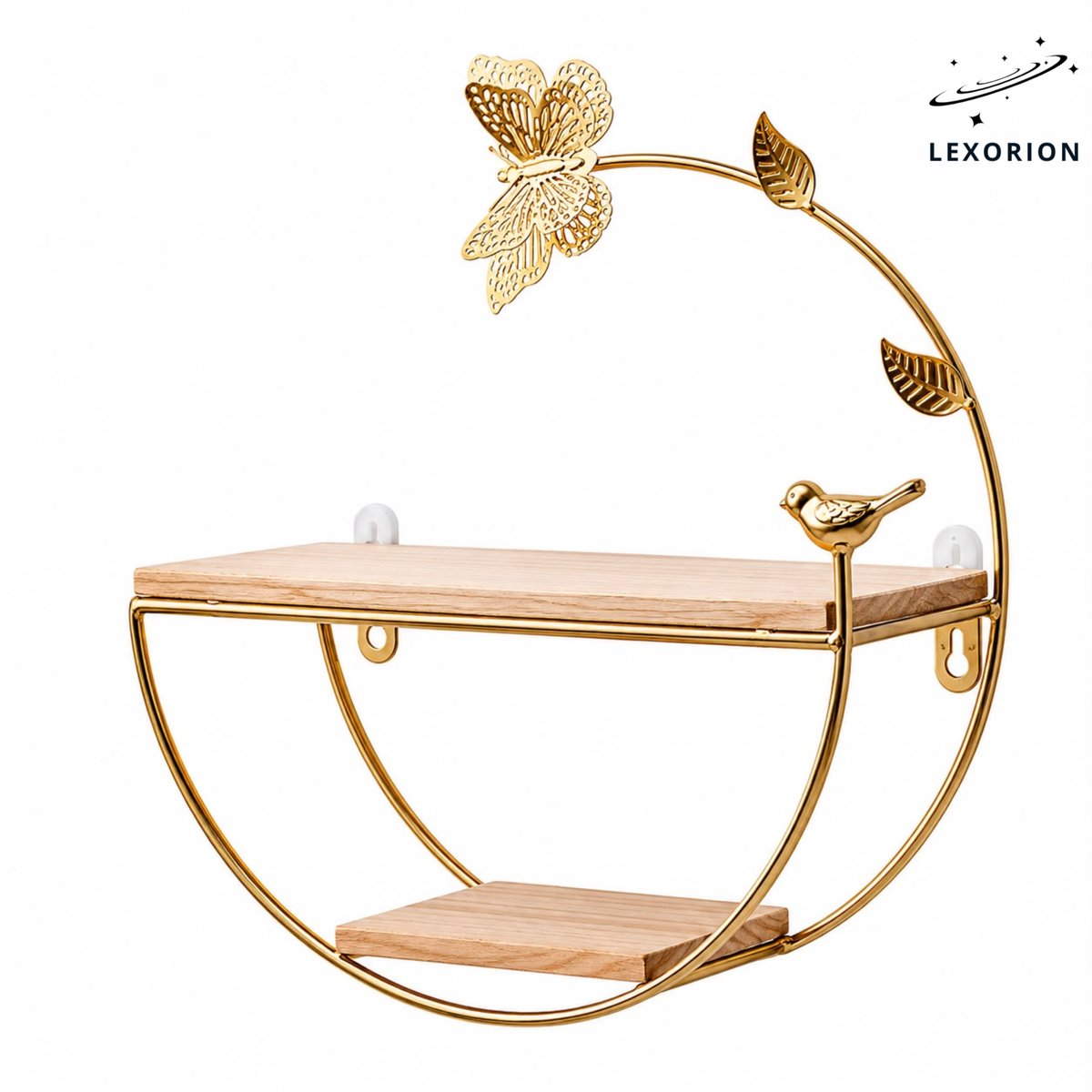 Lexorion 2-Tier Floating Wall Shelf – Decorative Geometric Metal & Wood Wall Shelves, Rustic Gold Display Shelf for Living Room, Bathroom & Fireplace