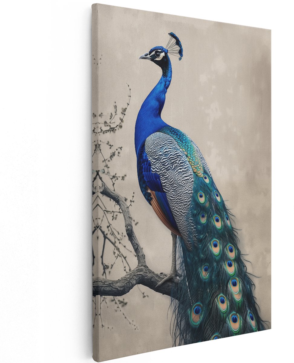 Artaza Canvas Schilderij Pauw op een Tak - Dieren - 120x180 cm - Groot - Wanddecoratie Woonkamer - Schilderijen - Muurdecoratie