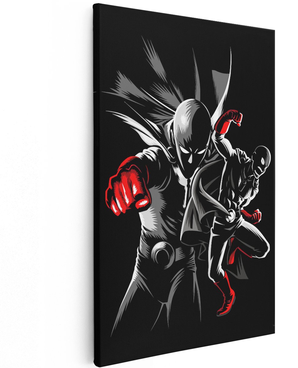 Artaza Canvas Schilderij Saitama - 120x180 cm - Groot - Wanddecoratie One Punch Man - Muurdecoratie Anime Helden - Decoratie Slaapkamer Zwart Wit