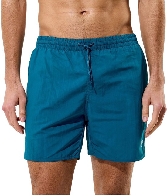 Vue de face d'un short de bain bleu clair avec cordon de serrage et ceinture élastique.