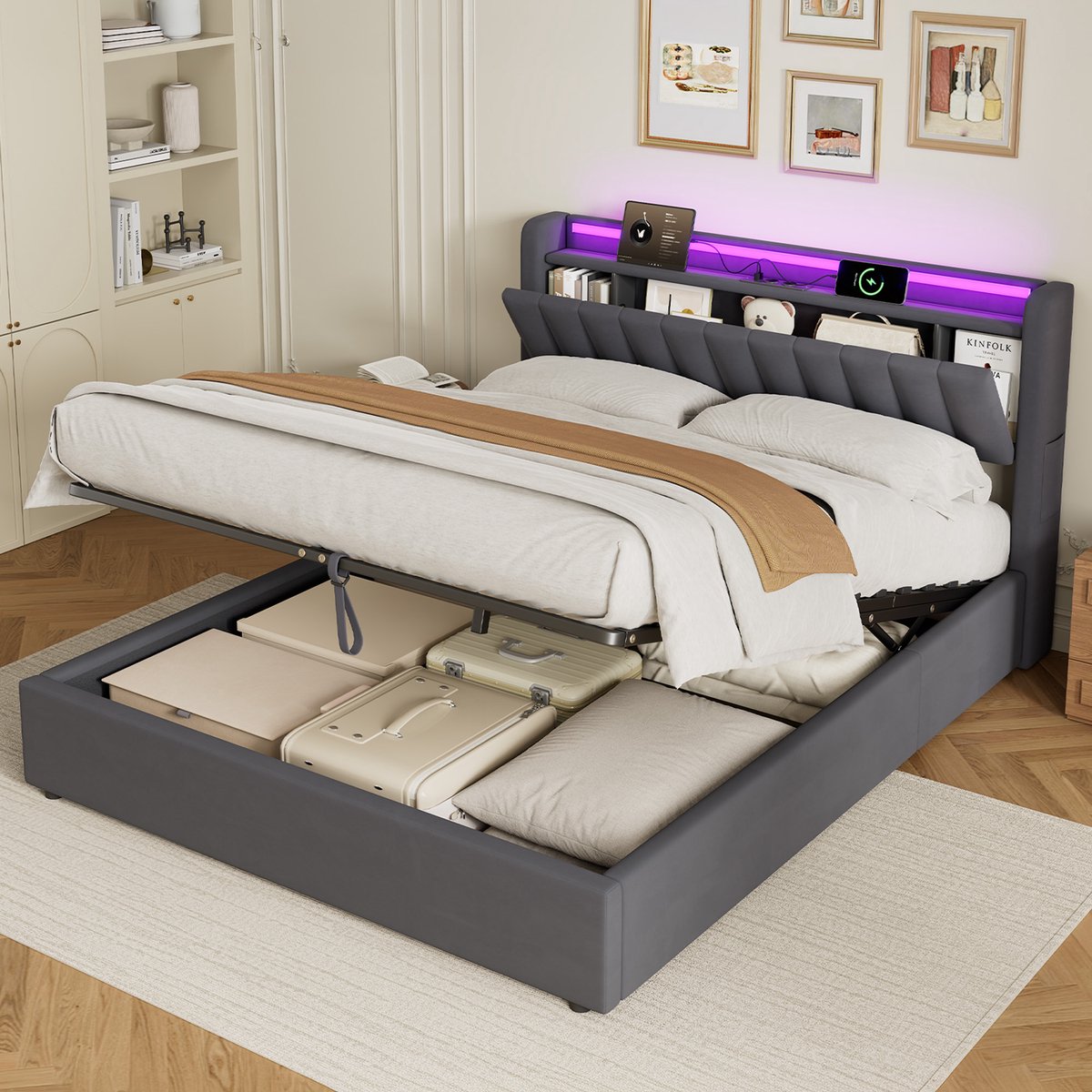 MIVRAY Bedframe Opbergruimte – 160 x 200 cm – Verlicht Hoofdbord Met Usb-Aansluiting – Fluweel En Metaal – Donkergrijs – Voor Twee Personen