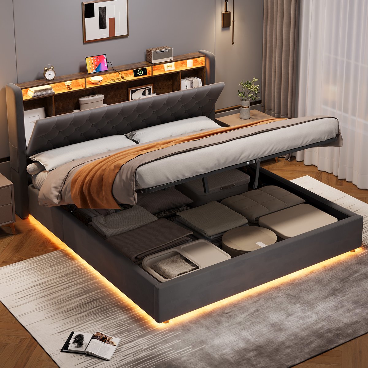 MIVRAY Bed Met Opbergruimte – 180 x 200 cm – Fluweel – Donkergrijs – Met Opklapbaar Hoofdbord – Tienerkamer En Slaapkamer – Lattenbodem