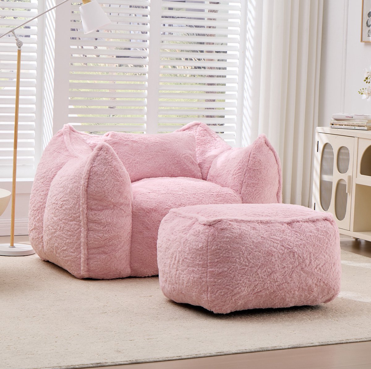 COVREO Zitzak 123x97x73 cm roze faux fur - met rugleuning, voetenbank en kussen - voor binnen