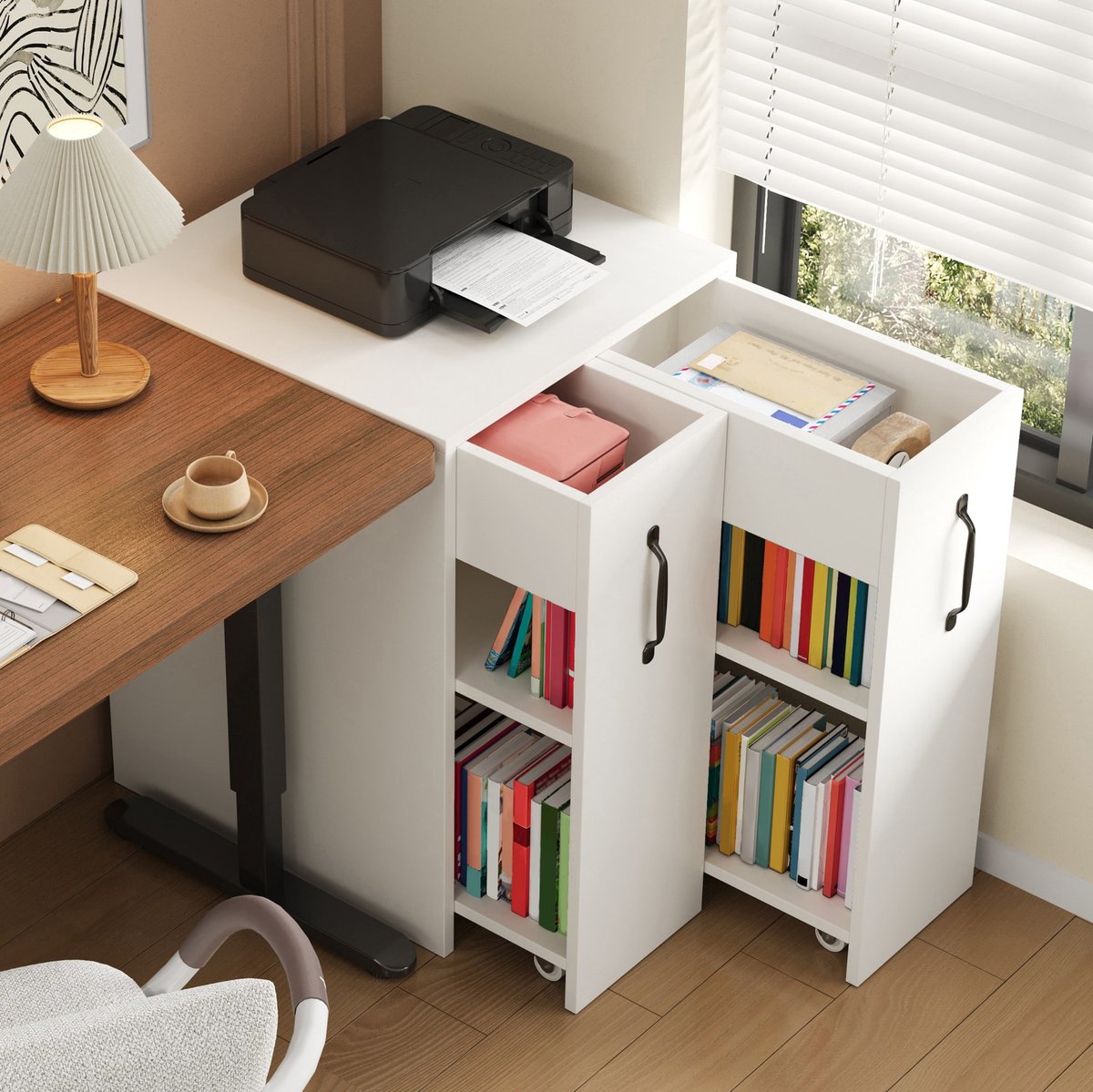 MODFU - Boekenkast Op Wielen - Lade - Omkeerbaar - Wit - 52 X 50 X 75 Cm