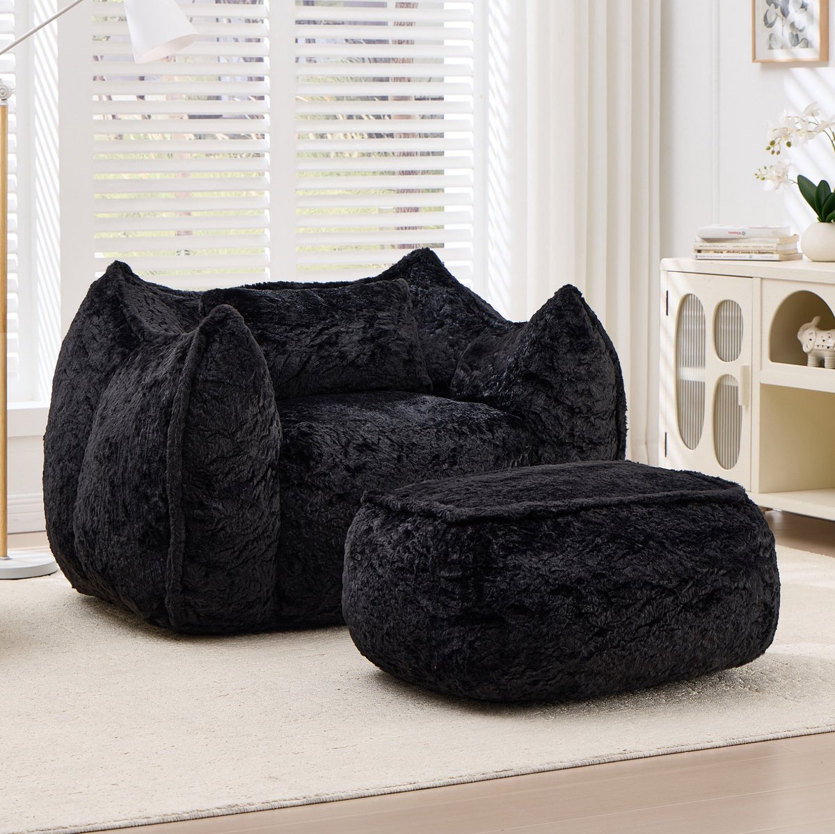 COVREO Zitzak 123x97x73 cm zwart fluweel - met ottoman en kussen - voor binnen - loungestoel
