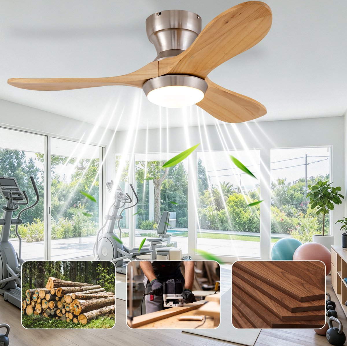 Plafondventilator Met Verlichting – 36 Inch 90 Cm – 3 Bladen – Hout En Metaal – Satijnnikkel Natuurlijk Hout – Afstandsbediening 6 Snelheden