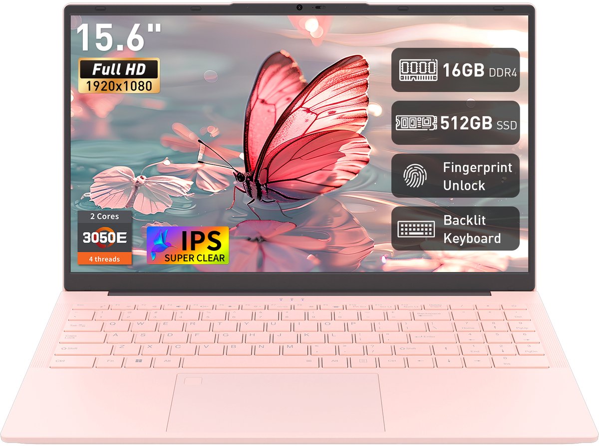 T156A‑3050E Laptop 15,6 Inch - AMD Athlon Silver 3050E - 16 GB DDR4 - 512 GB M.2 SATA SSD - QWERTY Toetsenbord met achtergrondverlichting - Vingerafdrukherkenning - Zilver en Roze