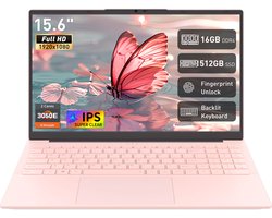 T156A‑3050E Laptop 15,6 Inch - AMD Athlon Silver 3050E - 16 GB DDR4 - 512 GB M.2 SATA SSD - QWERTY Toetsenbord met achtergrondverlichting - Vingerafdrukherkenning - Roze