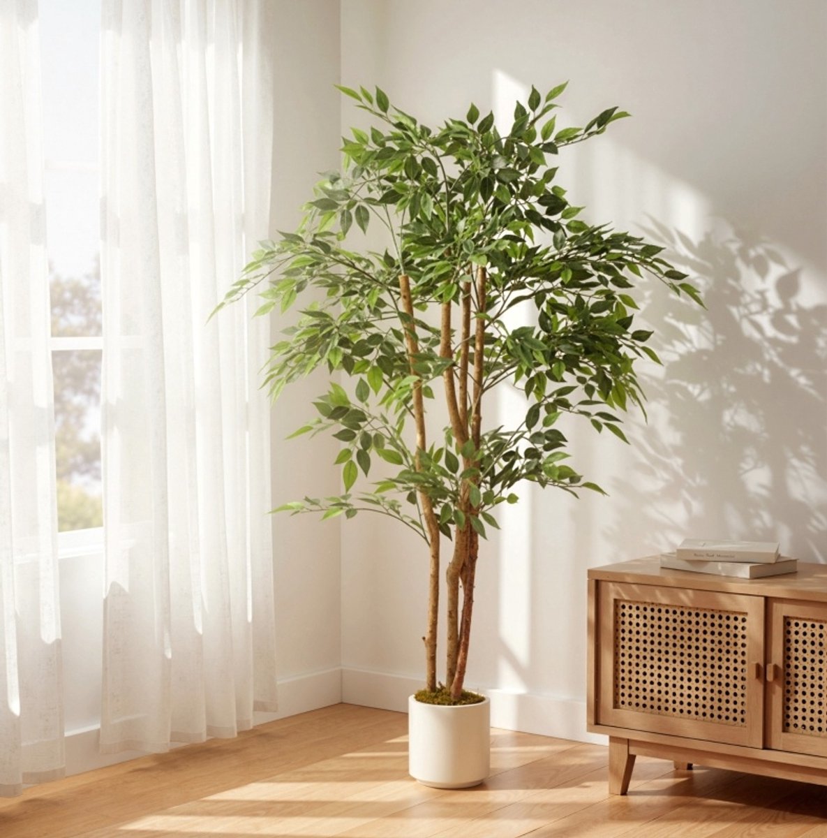 COVREO Kunstplant Banyanboom 65 x 65 x 150 cm groen, houten stam, pot, voor binnen