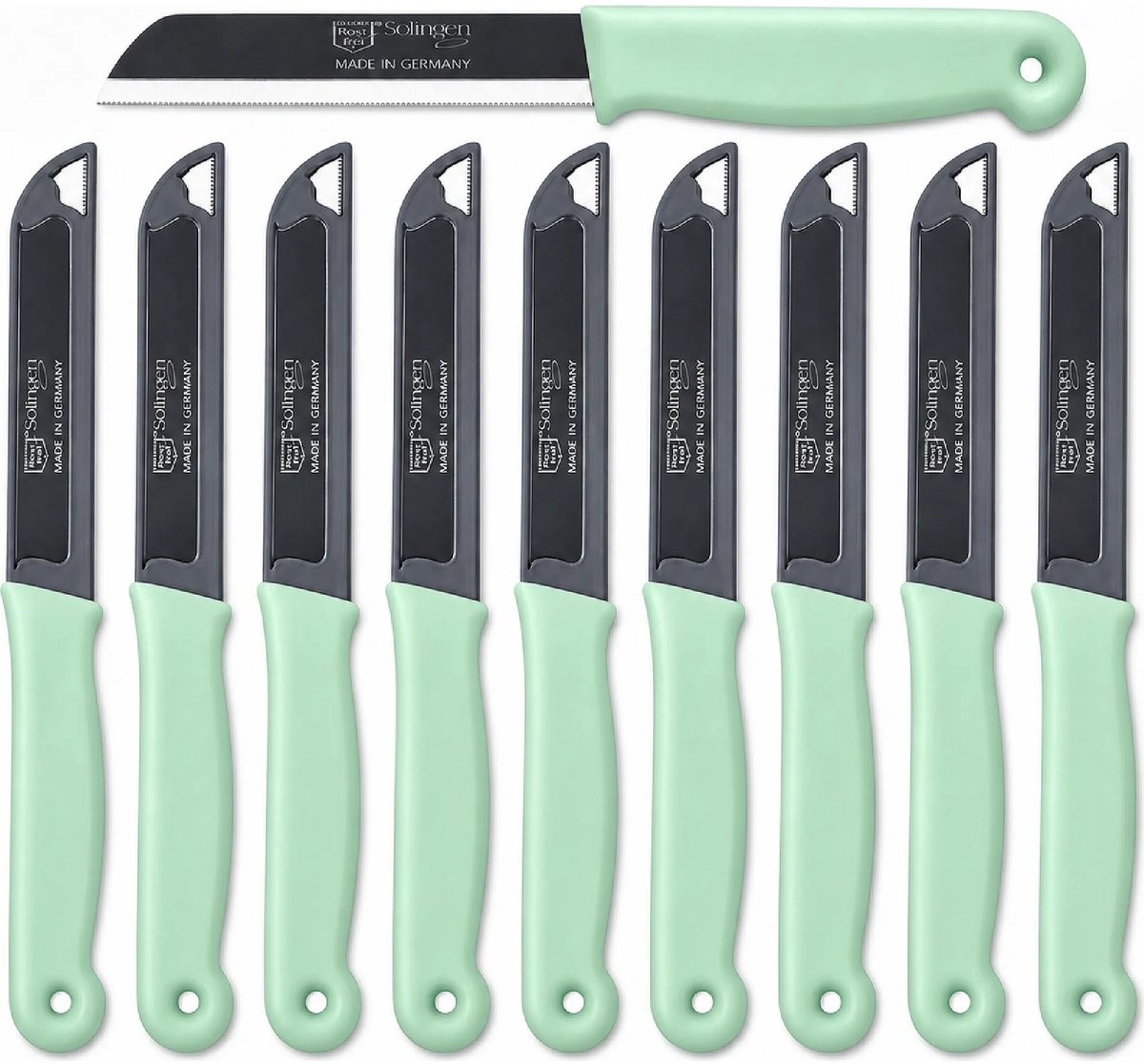 Solingen Kartelmes – Tomatenmes met Kartel – RVS – 18,5 cm met Blade Cover – Pastelgroen– 10 stuks