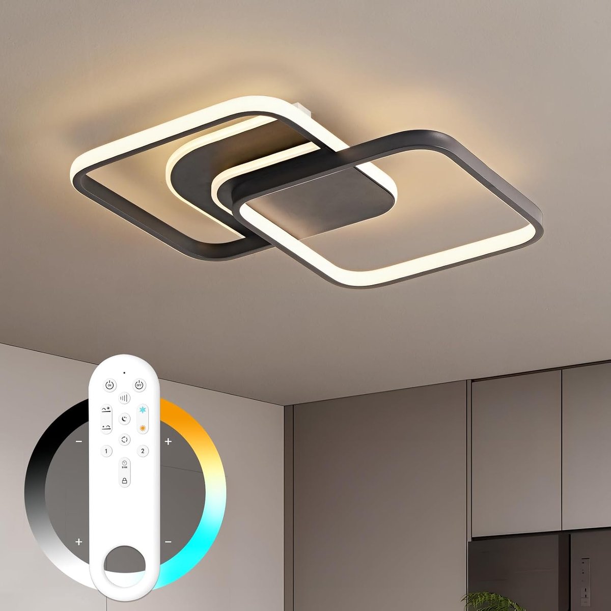 Amdelne - LED Plafondlamp - Plafonniere - Modern - Binnenverlichting-Dimbaar 3 staps - Hal slaapkamer Lamp 3000K-6500K - 5600LM - 45W - Met afstandsbediening - Zwart