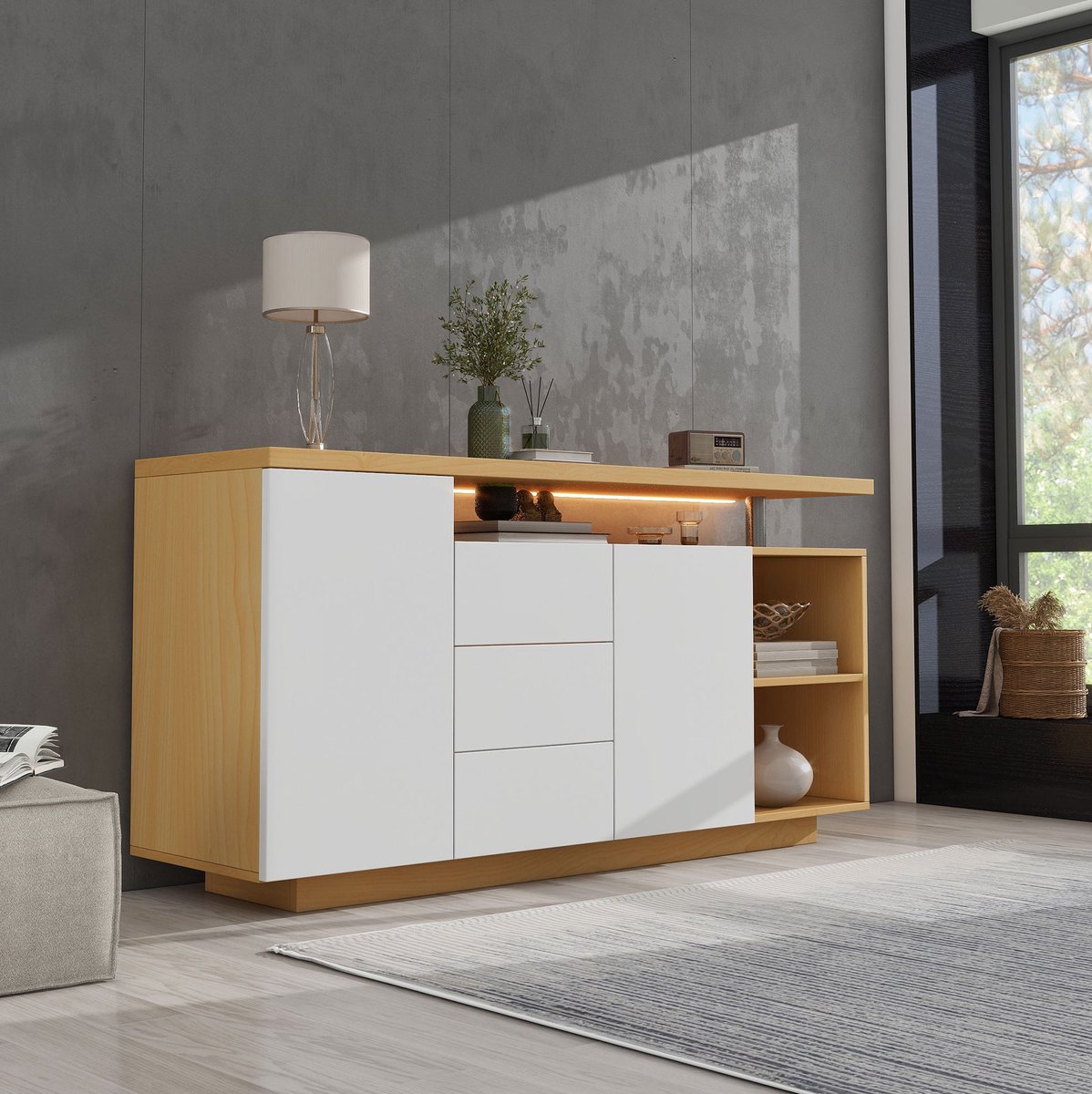 REDOM - Opbergkast - 2 deuren, 3 laden en 2 open vakken - Verstelbare deuren en push-to-open - Moderne stijl - Woonkamer - Spaanplaat - Wit en houtlook - 140 cm