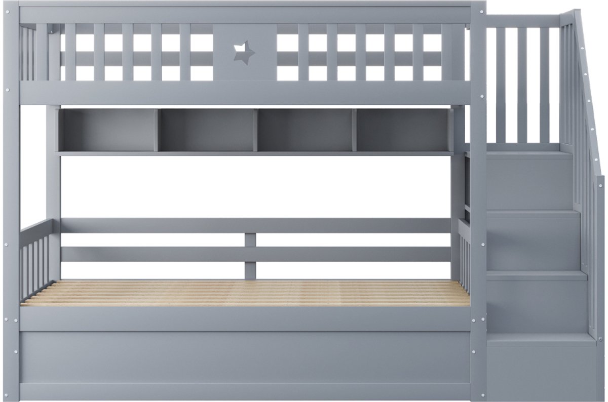 Stapelbed 90x200cm – Jugend-Etagenbett – Hydraulisch onderbed – Met opbergtrap en planken, grijs