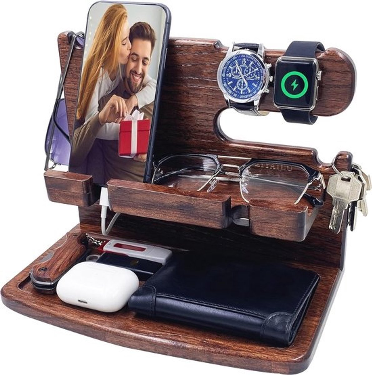 Houten Oplaadstation voor Telefoons - Cadeau-ideeën voor Mannen, Vaderdag, Kerstmis en Valentijnsdag