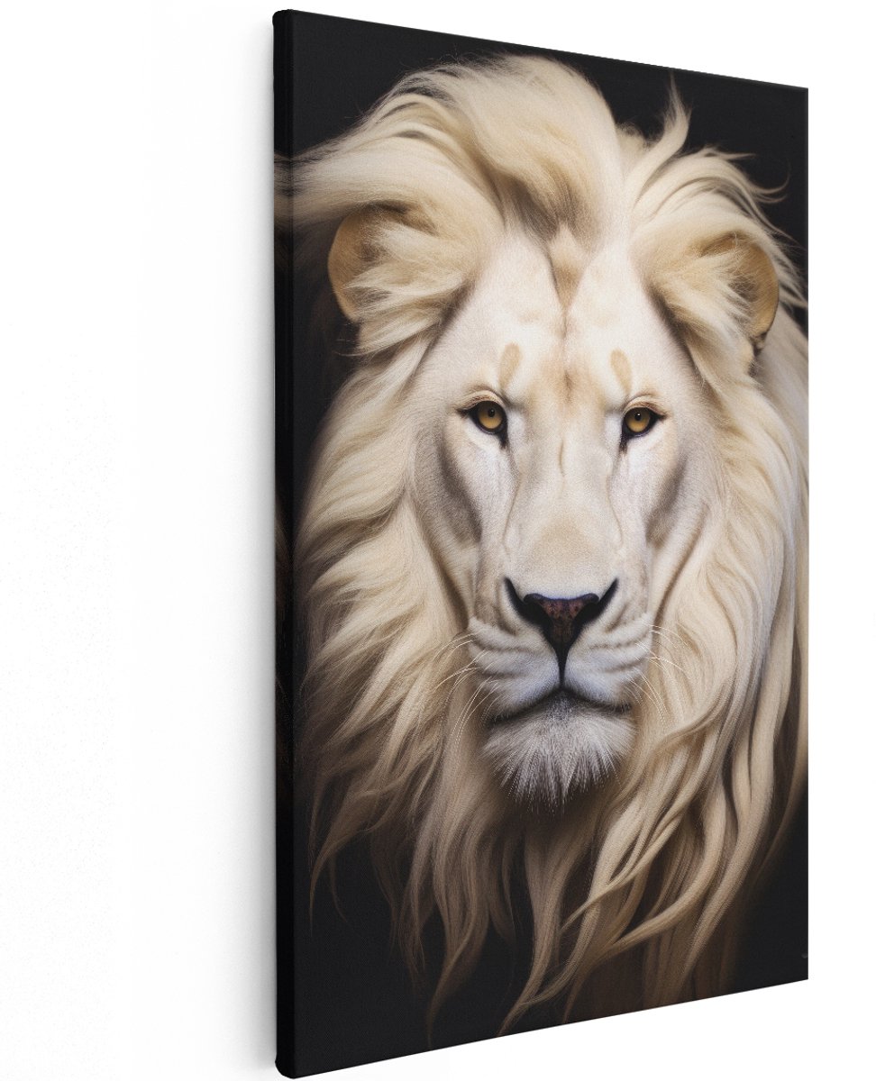 Artaza Canvas Schilderij Witte Leeuw - 120x180 cm - Groot - Wanddecoratie Dieren - Muurdecoratie Leeuwenkop - Decoratie Woonkamer - Goud