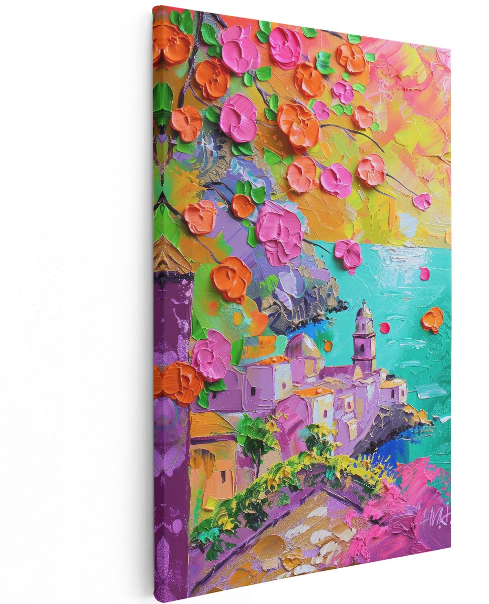 Artaza Canvas Schilderij Kustplaats - 120x180 cm - Groot - Wanddecoratie Bloemen - Muurdecoratie Landschap - Decoratie Kleurrijk Schilderij - Roze