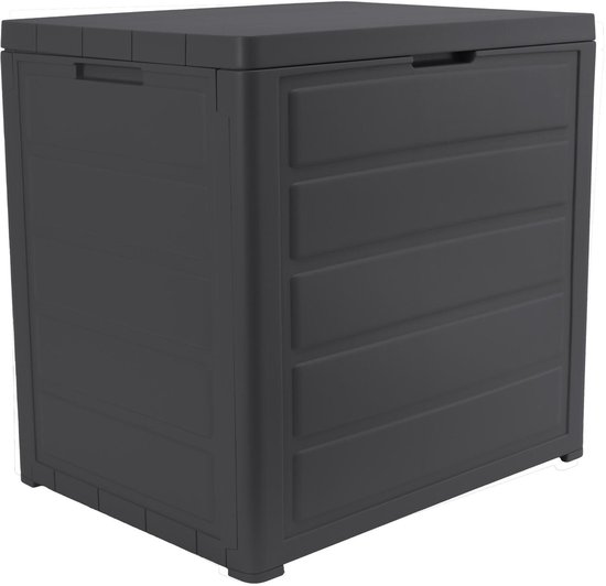 Gesloten antracietkleurige opbergbox met horizontale ribbels op een witte achtergrond.