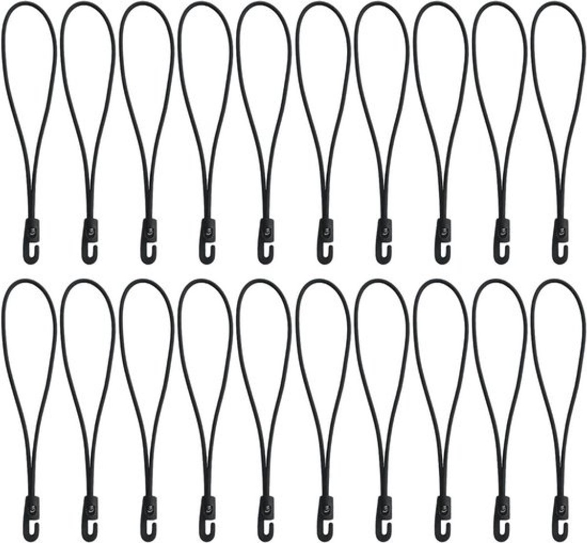 Elastische spanners met haken - Ideaal voor bagage en camping, 4 mm dik, 10 cm lang, 20 stuks, zwart