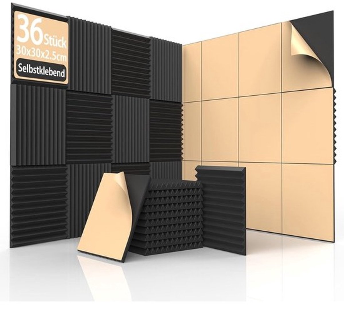 Akoestisch schuim, zelfklevend, wigvormige panelen voor geluidsisolatie - 36 stuks 30 x 30 x 2,5 cm