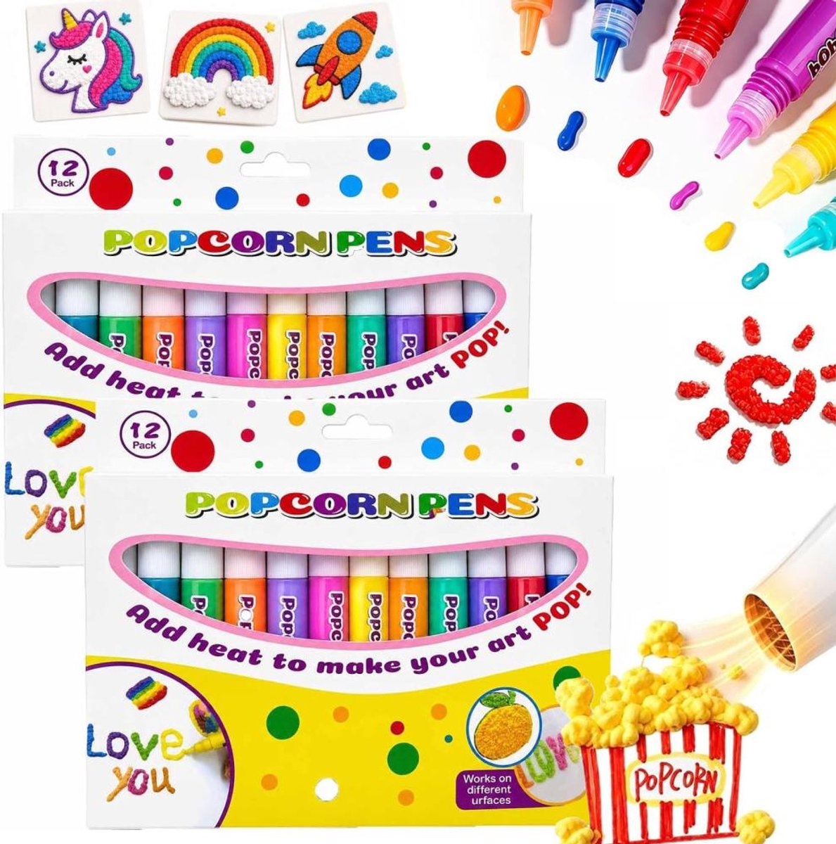 Popcornpennen - 24 Stuks - 3D Pen Starterspakket - 3D Pen Kinderen - 3D-reliëftextuur - Bubbelpen - Toverstiften - DIY uitbreidingseffect - Magische Puffy Stiften - Thermische inductie - Schilderset - Creatief Cadeau - Knutselen - 12 kleuren