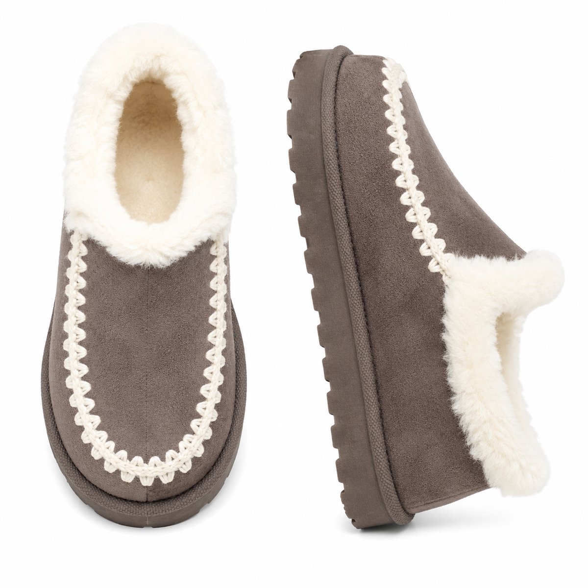 Dames Pantoffels – Warme Sloffen Dames – Huisschoenen voor Binnen & Buiten – Bontvoering – Stevige Zool Maat 38 – Grijs – Valt klein, bestel 1 maat groter