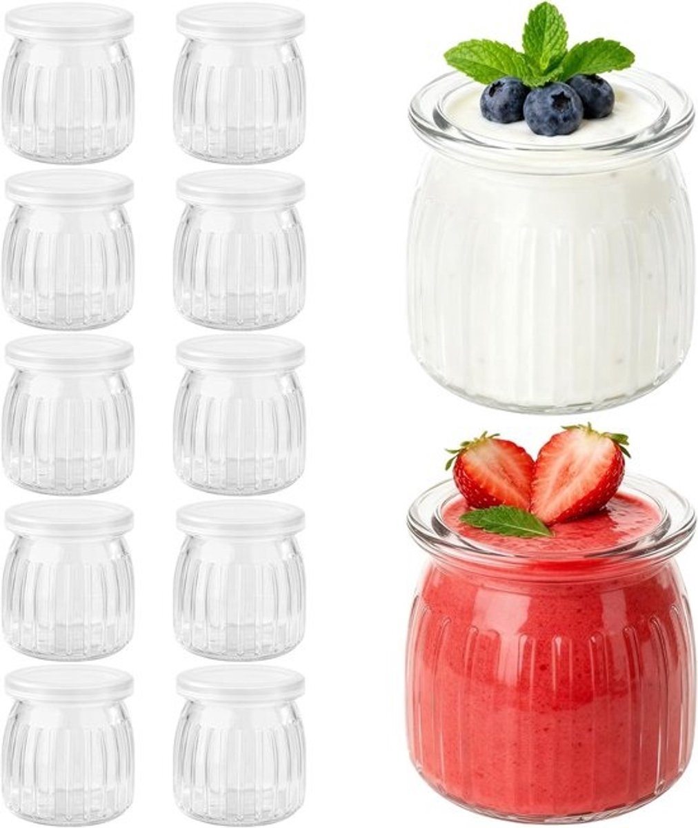 Set van 12 Glazen Yoghurtbekers met Deksel - 200ml Dessertpotjes voor Yoghurt, Pudding en Honing