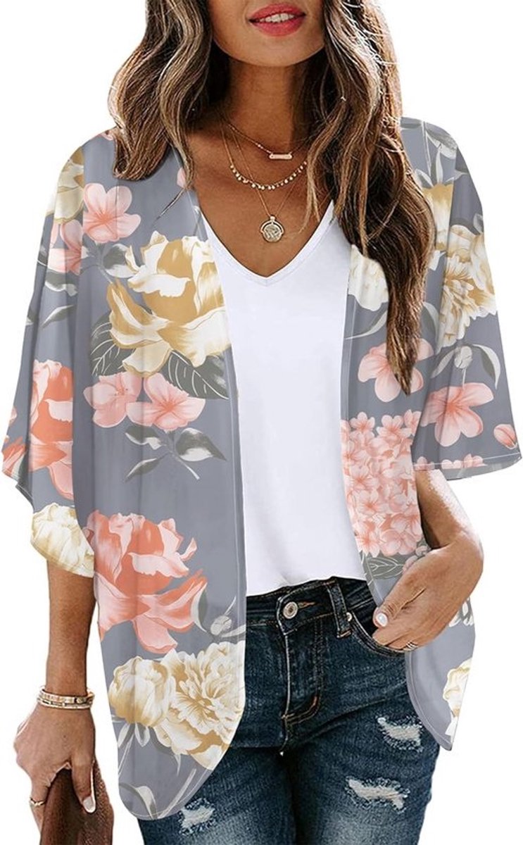 Lichte Dames Kimono met Bloemenprint - Chiffon Strandovergoot met Korte Mouwen