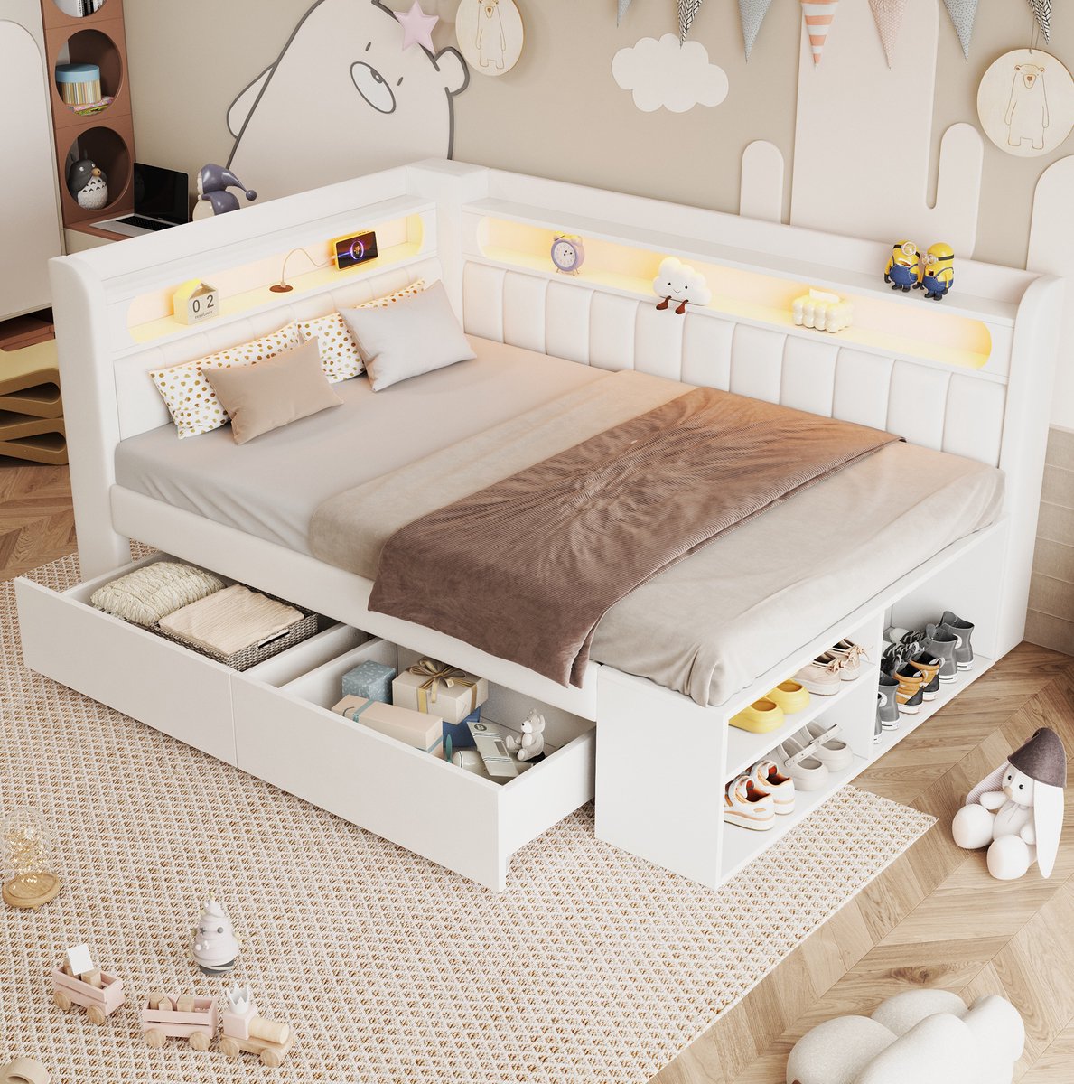 REDOM - Bedframe - Met USB-aansluiting en LED-verlichting - Met 2 lades en schoenenkast - Gestoffeerd - Wit - 212,5 x 104 x 91,5 cm