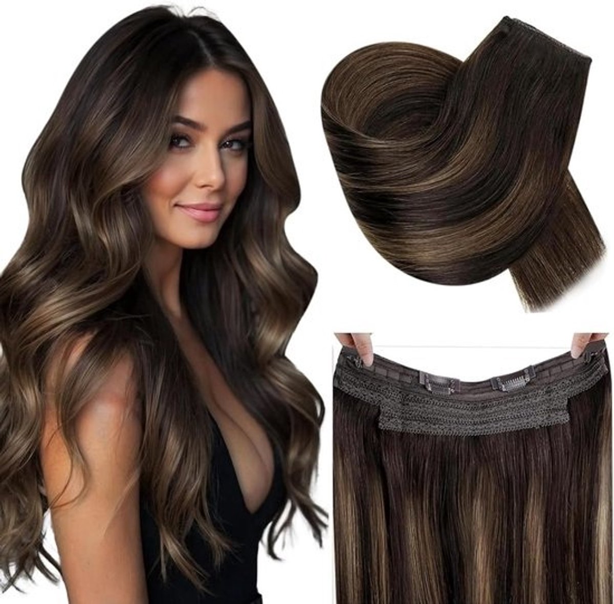 Echte Menselijk Haar Extensions Draadloos Onzichtbaar Balayage Donkerbruin Highlight 30cm