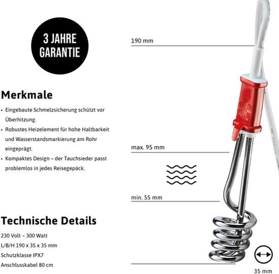 Reisdompelaar 300 Watt met Oververhittingsbeveiliging — afbeelding 3