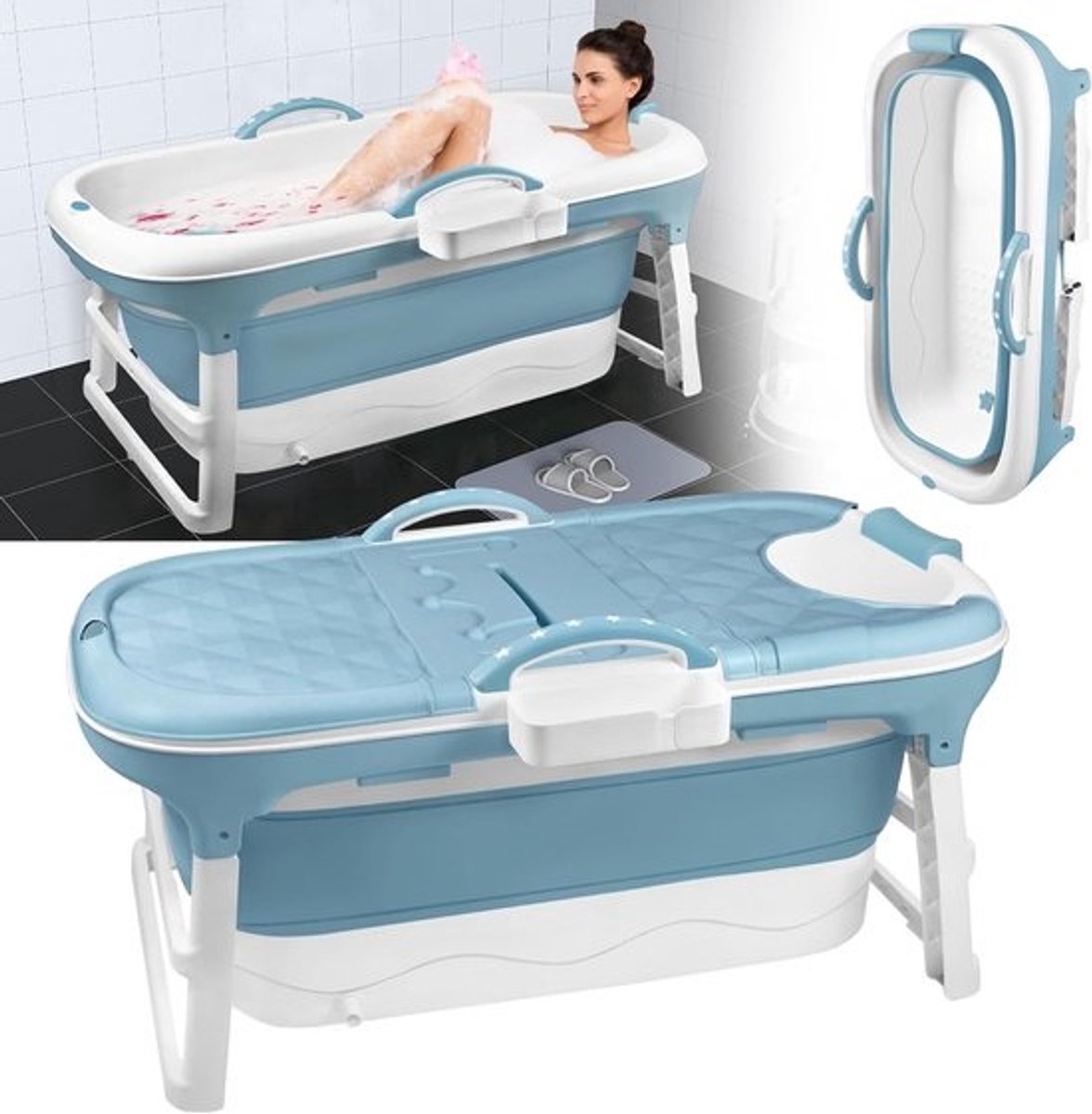 Vouwbad Mobiel Draagbaar met Massage Rollers en Badplank - Blauw (112 x 62 x 52 cm)