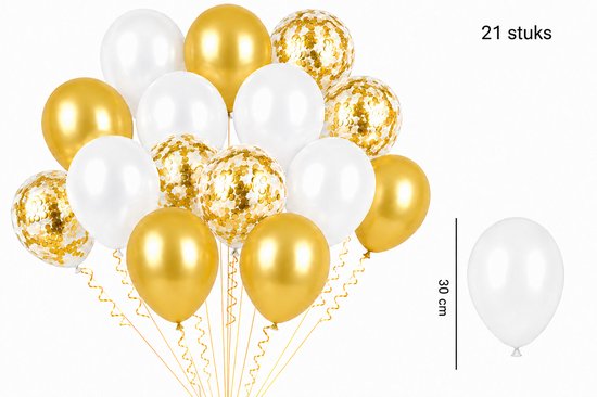 Set van 21 ballonnen in goud, wit en transparant met gouden confetti, 30 cm.