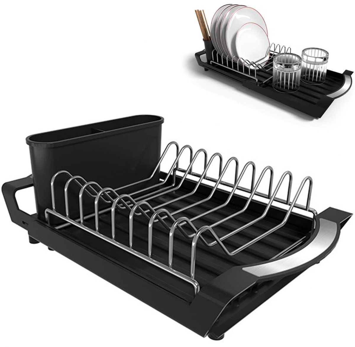 RVS Afdruiprek - Compact Uitschuifbaar met Bestekhouder - Voor servies in de keuken - Zwart 29 x 20 cm