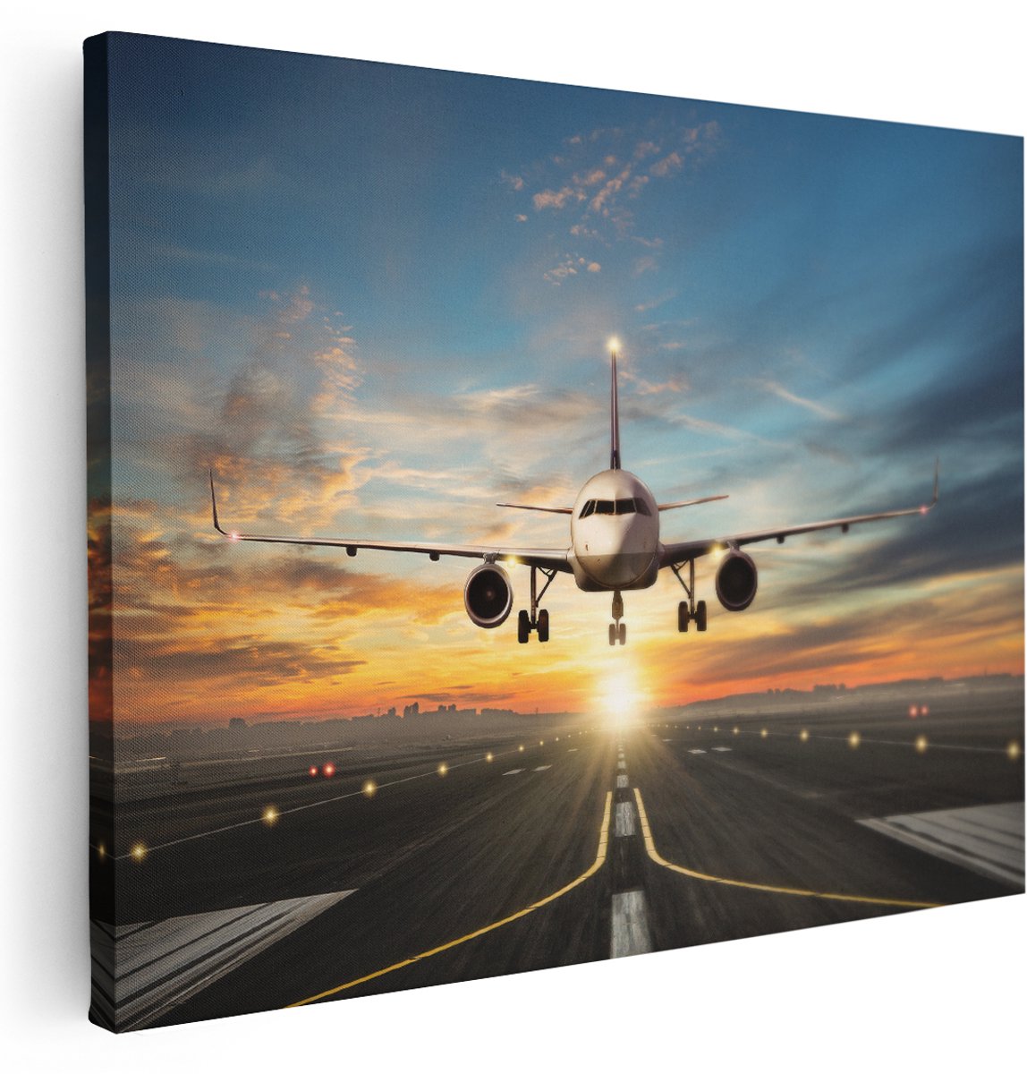 Artaza Canvas Schilderij Vliegtuig Met Een Landing Op De Luchthaven - 160x120 cm - Groot - Wanddecoratie Woonkamer - Schilderijen - Muurdecoratie