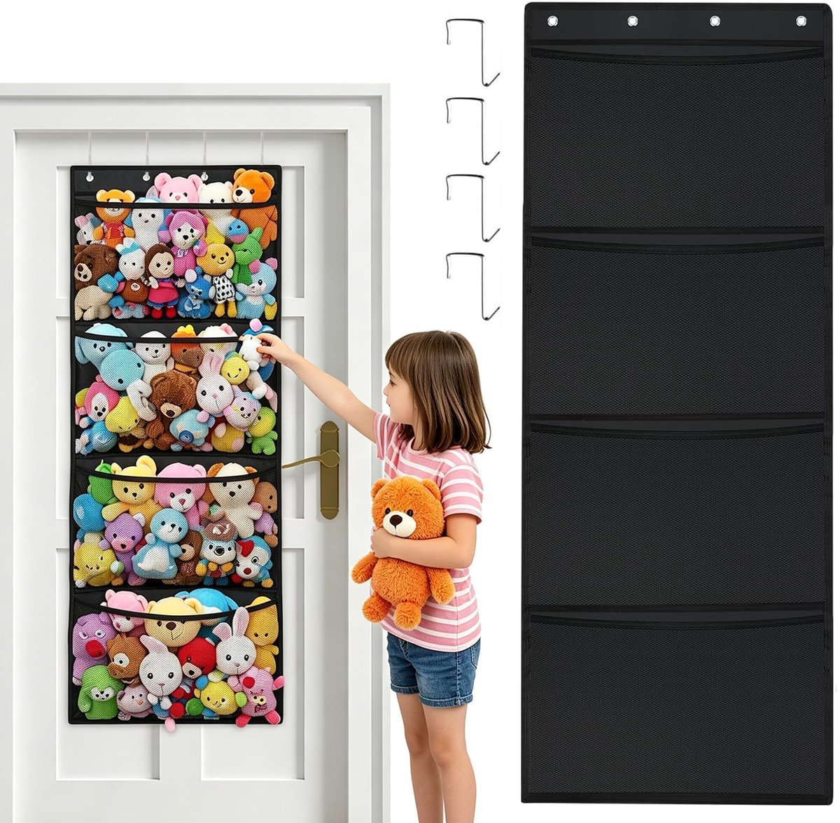 Knuffel Opberger - Met 4 Grote Vakken - Deur & Wand Organizer voor Kinderkamer, Badkamer, Slaapkamer - Zwart