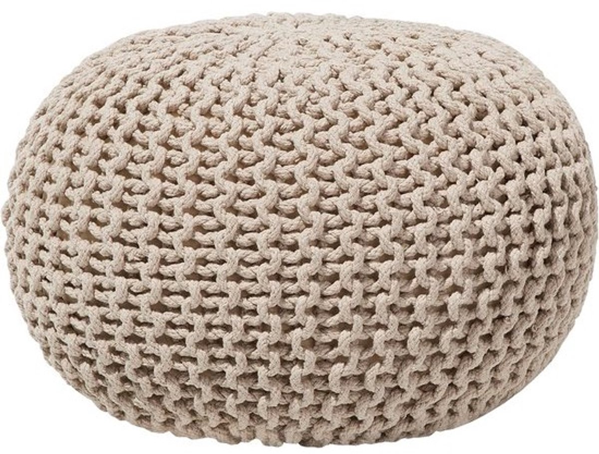 Ronde Gebreide Poef Beige Katoen 50x35 cm Comfortabel