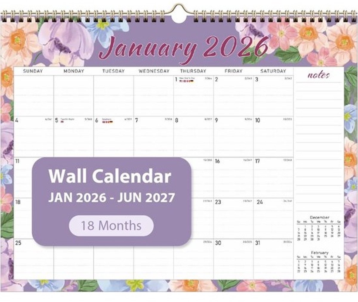 Maandagenda 2026 - 2027: Kalender Januari 2026 t/m Juni 2027 met Ruimte voor Notities - Bloemen Design
